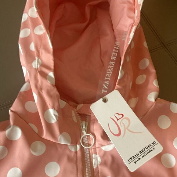 NWT Urban Republic Girls Matte Vinyl Raincoat with Hood. Pink with White Dots. - Picture 6 of 11